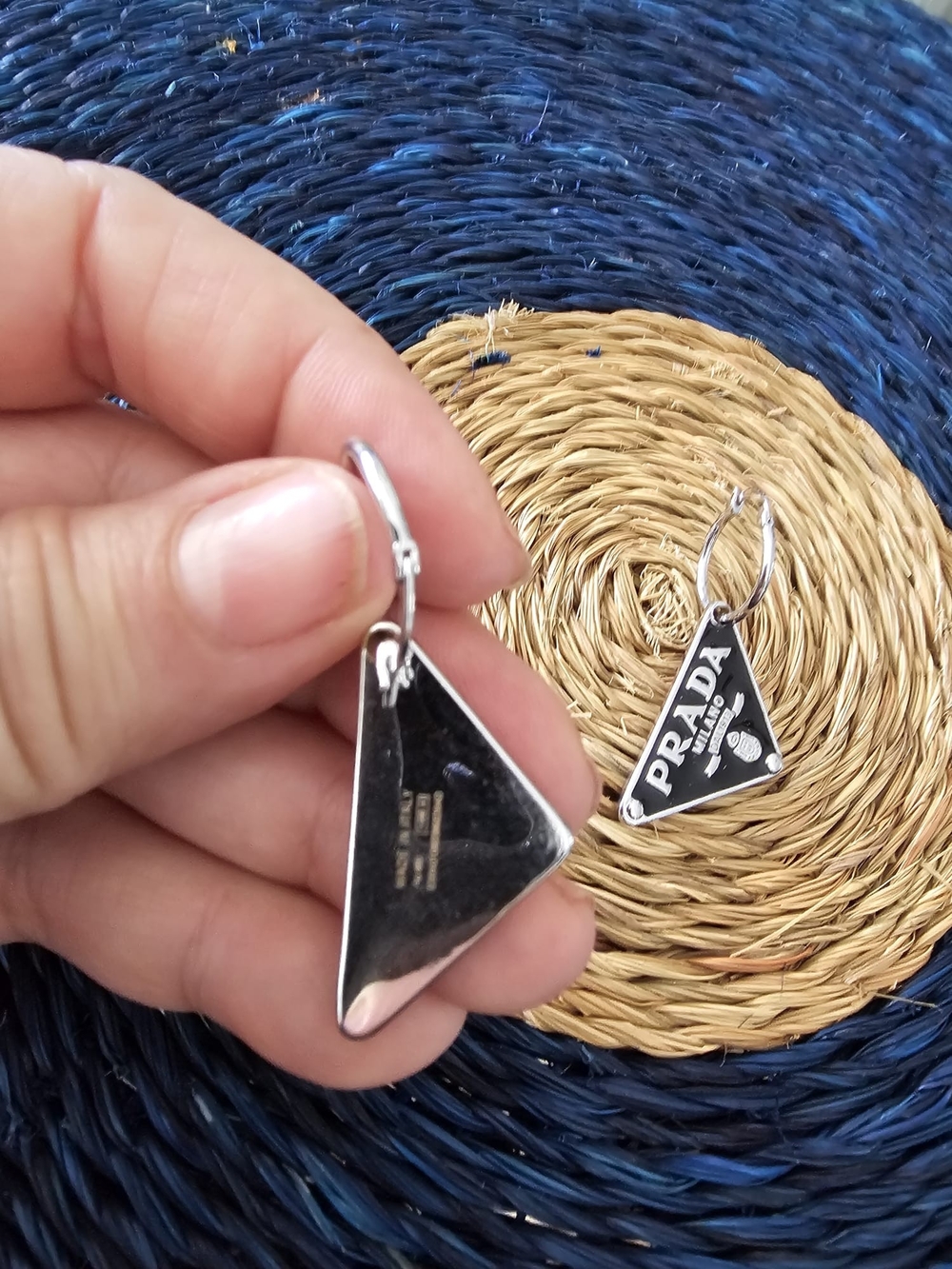Prada Black Triangle Logo Hoop Drop Earrings - Picture 2 of 5